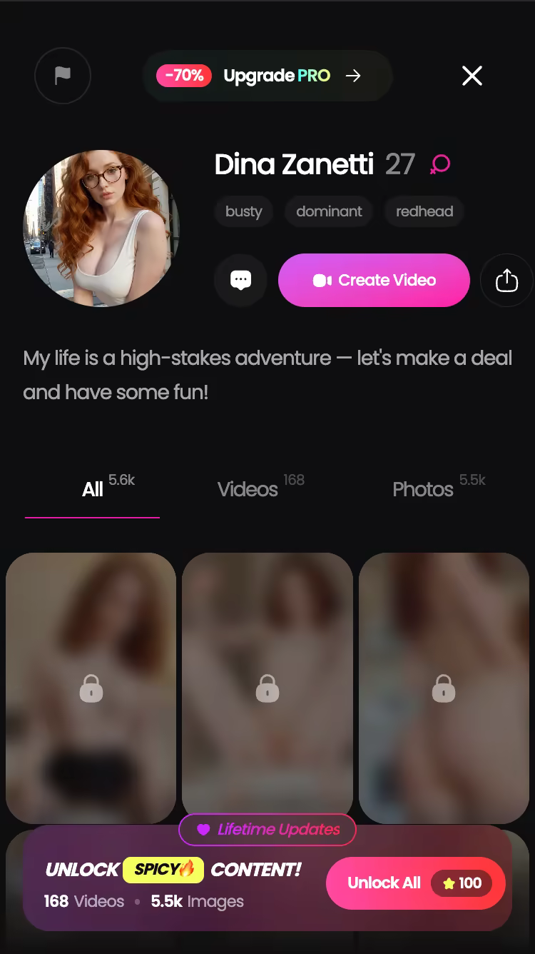 GoLove.ai character profile with her video and photo library — big brother nsfw