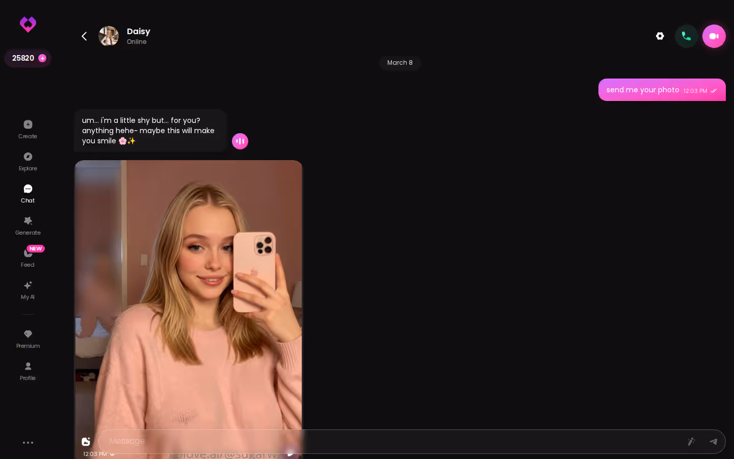 A long GoLove.ai desktop chat thread with in-character replies and photos