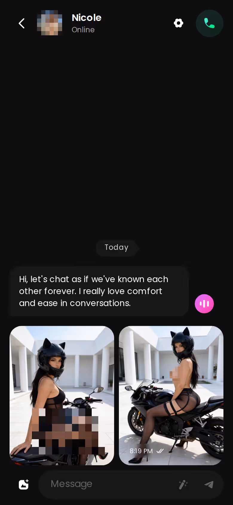GoLove.ai chat thread on mobile showing a character's flirty replies
