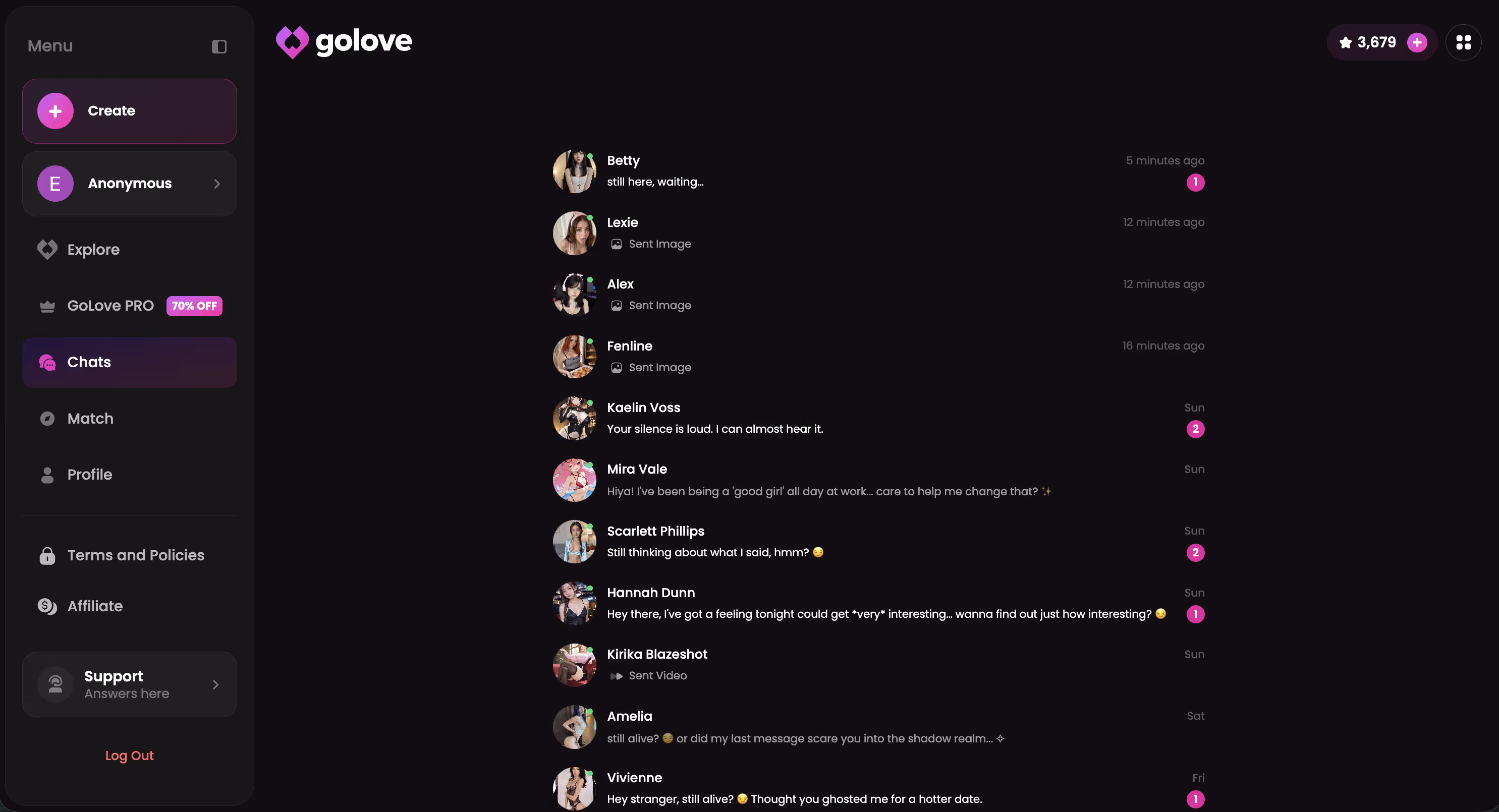 GoLove explore page showing companion grid and membership tier context
