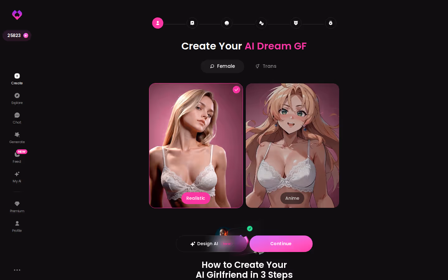 GoLove create wizard first screen showing the Female and Trans toggle above the Realistic and Anime style cards