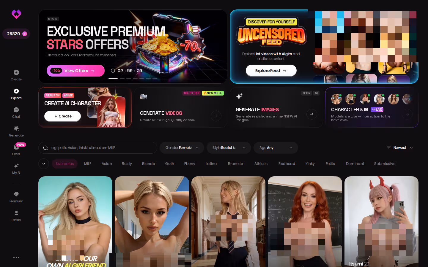 GoLove.ai Explore page on desktop listing realistic characters to start an ongoing chat with