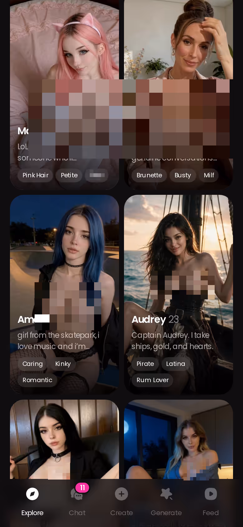 GoLove.ai Explore screen on mobile with character cards ready to tap into chat
