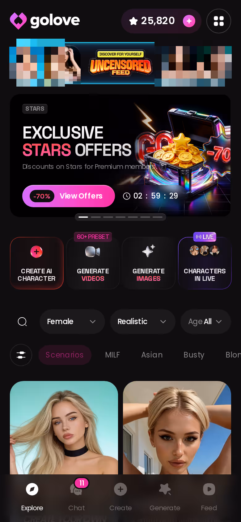 GoLove Explore tab on mobile showing realistic characters