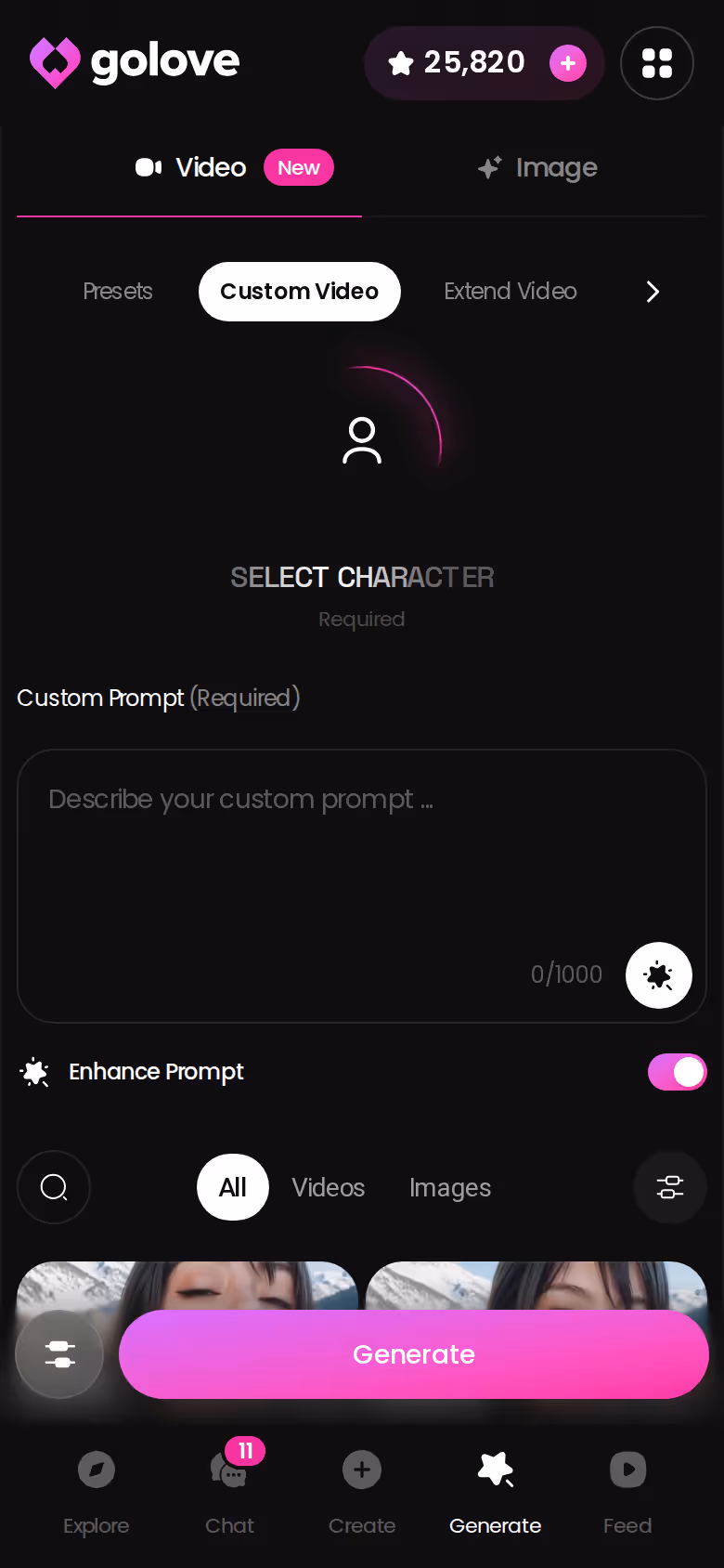 GoLove.ai Custom Video generator on mobile, where Stars are spent on video renders