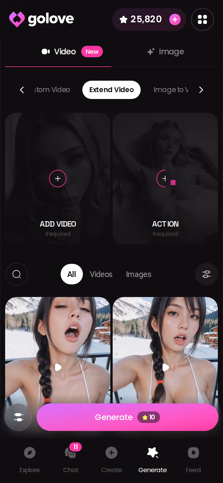 GoLove mobile video generator showing the option to extend a generated clip