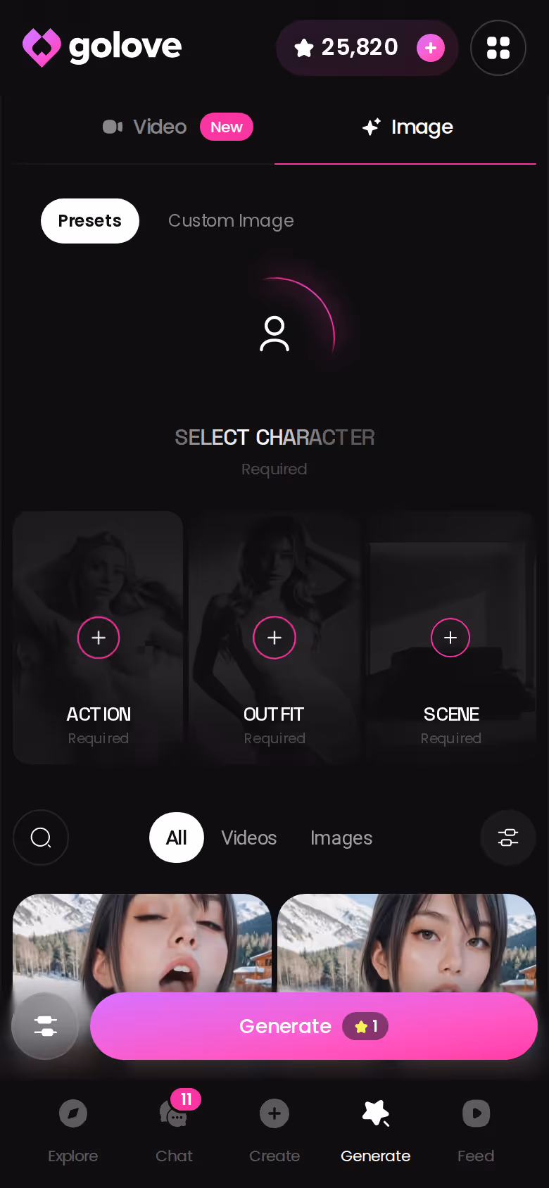 GoLove Image mode on mobile with preset dropdowns