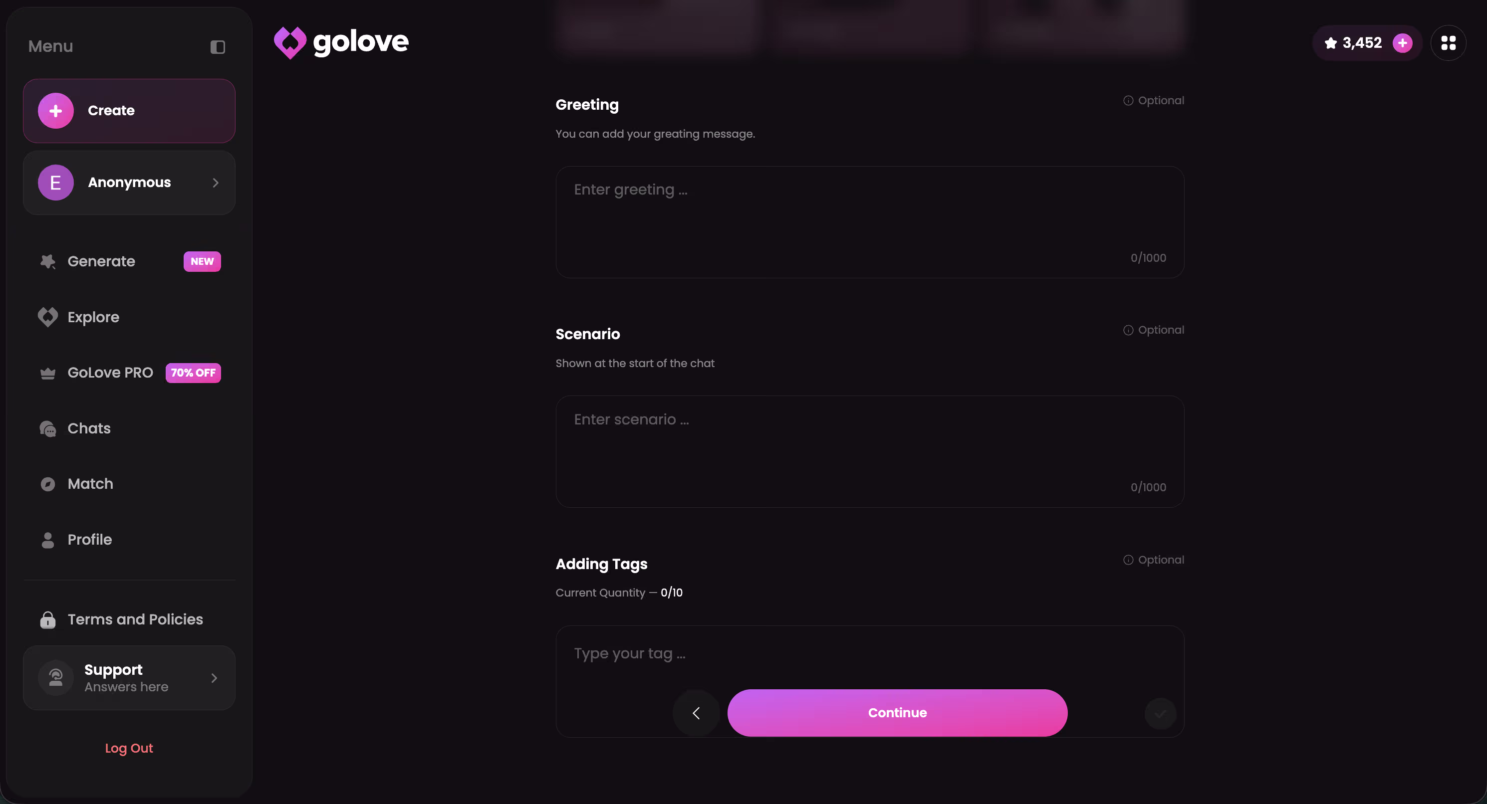 GoLove companion personalization panel showing voice picker, lust level, and response length settings